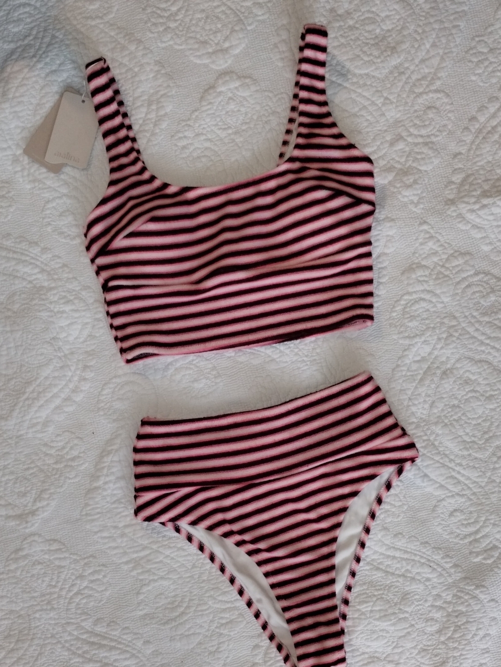 Aralina Pink & Black Striped Two Piece Terry Cloth Swimsuit